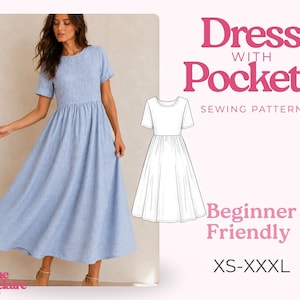 May include: A light blue midi dress with short sleeves, a round neckline, and a gathered waistline. The image includes a technical line drawing of the dress and text that reads: Dress WITH Pockets SEWING PATTERN, Beginner Friendly, XS-XXXL.