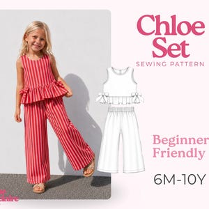 Puede incluir: El patrón de costura Chloe Set incluye un top sin mangas con cintura con volantes y lazos laterales, junto con pantalones de pierna ancha. El diseño se muestra en tela a rayas rojas y blancas, junto a un dibujo técnico de las piezas.