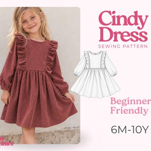 Peut inclure: Un patron de couture pour la robe Cindy, présentant un modèle à manches longues avec un corsage à volants de couleur rose poudré. L'image inclut un dessin technique de la robe, le texte Cindy Dress Sewing Pattern, Beginner Friendly, et 6M-10Y.