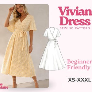 Puede incluir: Un vestido cruzado de cuadros vichy amarillos y blancos con mangas de mariposa y lazo en la cintura. La imagen incluye un dibujo técnico del vestido, el texto Vivian Dress Sewing Pattern, Beginner Friendly, XS-XXXL y Pauline Montelaire.