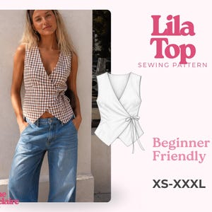 Puede incluir: Un top sin mangas cruzado con estampado de cuadros vichy marrón y blanco, con cuello en V y cierre de lazo lateral. La imagen incluye un dibujo técnico de la prenda, el texto Lila Top Sewing Pattern, Beginner Friendly y XS-XXXL.