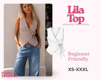 Peut inclure: Un haut sans manches portefeuille à motif vichy marron et blanc, doté d'un col en V et d'un lien de serrage latéral. L'image inclut un dessin technique du vêtement, le texte Lila Top Sewing Pattern, Beginner Friendly, et XS-XXXL.