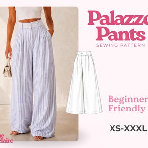 Puede incluir: Patrón de costura de pantalones palazzo de cintura alta y pernera ancha con rayas verticales azules y blancas. La imagen incluye un dibujo técnico de los pantalones, el texto "Palazzo Pants SEWING PATTERN", "Beginner Friendly" y "XS-XXXL".