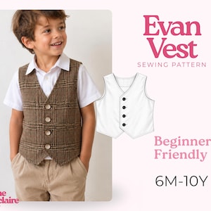Puede incluir: Un chaleco de cuadros marrón con cuatro botones sobre una camisa blanca y pantalones beige, acompañado de un dibujo lineal blanco del chaleco con cuatro botones. Texto: Evan Vest Sewing Pattern, Beginner Friendly, 6M-10Y, Pauline Montclaire.
