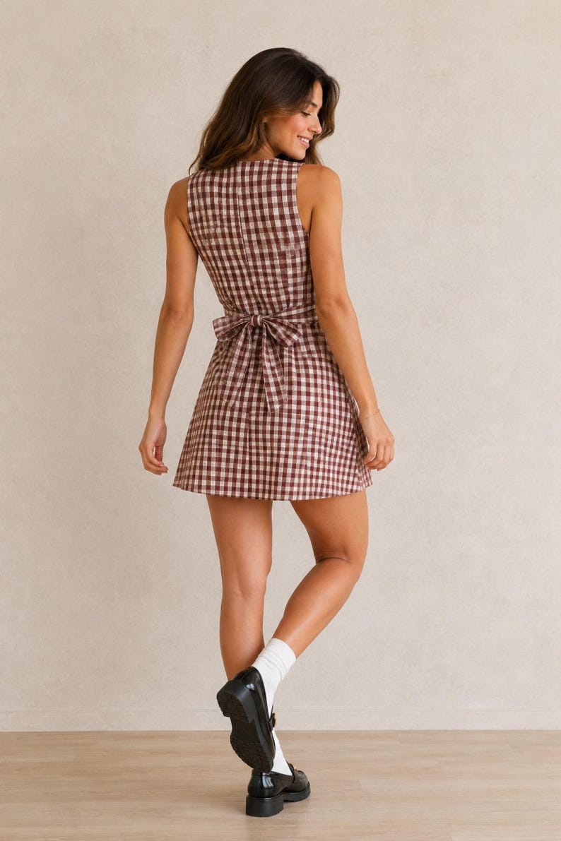 May include: A sleeveless mini dress featuring a brown and white gingham check pattern, a fitted bodice, and a tie-back waist detail. The dress has a straight neckline and a flared skirt that falls above the knee, paired with white socks and black shoes.