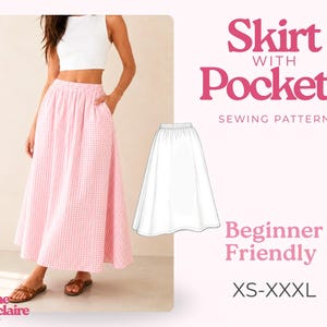 Puede incluir: Una falda de cuadros vichy rosa y blanco con cintura elástica y bolsillos laterales. El texto dice Skirt with Pockets Sewing Pattern, Beginner Friendly, XS-XXXL y Pauline Montclaire Sewing Patterns. Incluye un dibujo lineal blanco de la falda.