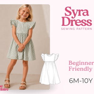 May include: A sewing pattern for the Syra Dress, featuring a green and white gingham dress with flutter sleeves and a gathered waist. The image includes a technical line drawing of the dress, the text Syra Dress Sewing Pattern, Beginner Friendly, 6M-10Y, and Pauline Montclaire Sewing Patterns.