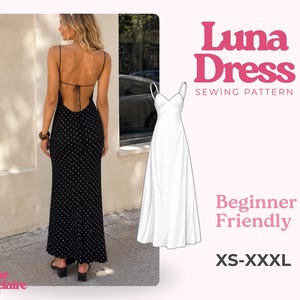 以下が含まれることがあります： Luna Dressの縫製パターン。白の水玉模様が入った黒のロング丈ドレスで、細いスパゲッティストラップと結び目のあるオープンバックが特徴。ドレスの白い線画と「Luna Dress SEWING PATTERN, Beginner Friendly, XS-XXXL, Pauline Montclaire SEWING PATTERNS」というテキストが含まれています。