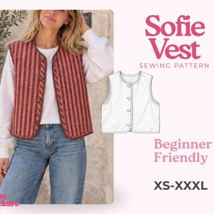 May include: A sleeveless vest with a red and pink vertical striped pattern, featuring a round neckline and four front buttons. The image includes a white line drawing of the vest, the text Sofie Vest Sewing Pattern, and size range XS-XXXL.