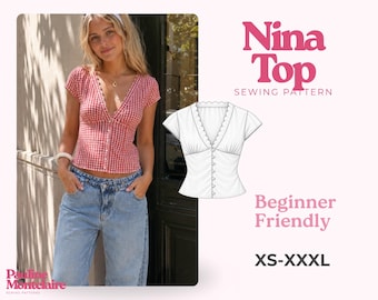 Puede incluir: Un patrón de costura para el Nina Top, que presenta una blusa de manga corta con estampado de cuadros vichy rojo y blanco, escote en V y cierre de botones frontal. El gráfico incluye un dibujo técnico de la prenda, el texto Nina Top Sewing Pattern, Beginner Friendly, XS-XXXL y el logotipo de Pauline Montelaire Sewing Patterns.