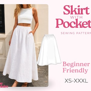 Puede incluir: Una falda larga blanca con cintura elástica y bolsillos laterales, mostrada en un anuncio de patrón de costura. El texto dice Skirt with Pockets Sewing Pattern, Beginner Friendly y XS-XXXL. Se incluye un dibujo técnico de la falda.