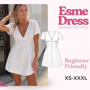 Puede incluir: Un vestido blanco de manga corta con escote en V y tapeta de botones frontal. La imagen incluye un dibujo técnico del vestido, el texto Esme Dress Sewing Pattern, Beginner Friendly, XS-XXXL y Pauline Montclaire Sewing Patterns.