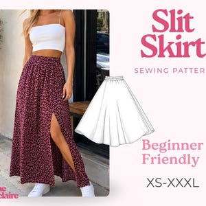 May include: A sewing pattern for a floor-length skirt with a high side slit, featuring a dark burgundy fabric with a small pink floral print. The image includes the text Slit Skirt, Sewing Pattern, Beginner Friendly, XS-XXXL, and Pauline Montclaire.