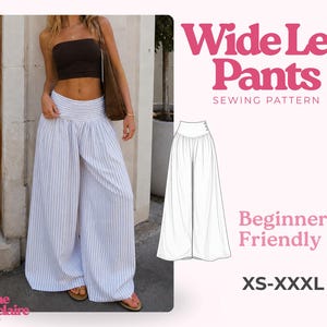 May include: Wide leg trousers sewing pattern featuring a white garment with thin vertical blue stripes, a high smocked waistband, and a loose silhouette. The graphic includes text reading Wide Leg Pants, Sewing Pattern, Beginner Friendly, XS-XXXL.