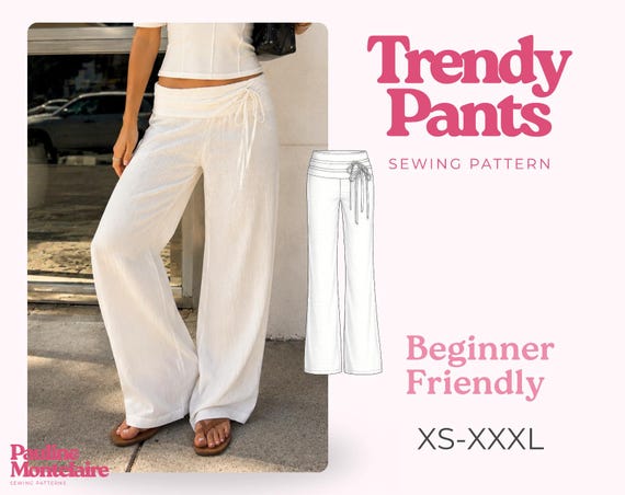 Women's Pants Pattern (XS-XXXL), women's pants, low-rise pants pattern, straight-leg pants, Y2K pants sewing pattern, pants with a side bow