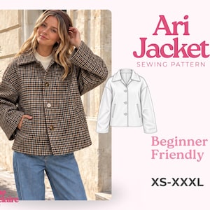 May include: A brown and black plaid jacket with a collar, long sleeves, and three front buttons. The image includes a technical line drawing of the jacket, the text Ari Jacket Sewing Pattern, Beginner Friendly, and the size range XS-XXXL.