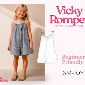 May include: A sewing pattern for the Vicky Romper, featuring a blue and white gingham romper with thin shoulder straps. The image includes a technical line drawing of the garment, the text Vicky Romper Sewing Pattern, Beginner Friendly, 6M-10Y, and Pauline Montclaire Sewing Patterns.