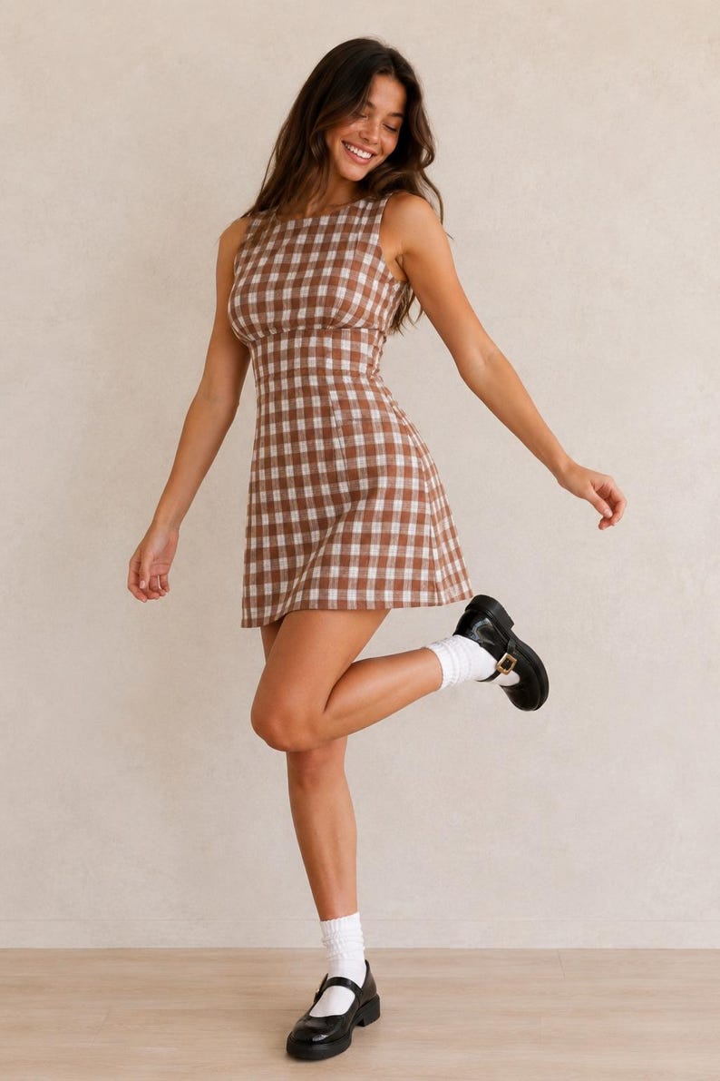 May include: A sleeveless mini dress featuring a brown and white gingham check pattern, a round neckline, and a fitted bodice that flares slightly at the hem. The dress is paired with white ankle socks and black buckled Mary Jane shoes.