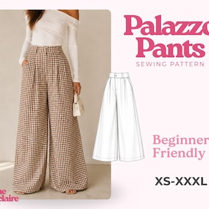 Peut inclure: Patron de couture Palazzo Pants pour tailles XS-XXXL. L'image montre un pantalon large à taille haute avec un motif à carreaux vichy marron et blanc, accompagné d'un dessin technique du vêtement avec ceinture et plis.