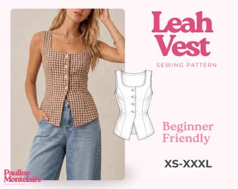 May include: A brown and white gingham vest with a square neckline and four front buttons. The image includes a technical line drawing of the vest, the text Leah Vest Sewing Pattern, Beginner Friendly, XS-XXXL, and Pauline Montaire Sewing Patterns.
