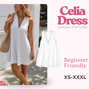 May include: A sleeveless dress with a V-neckline and vertical white and light grey stripes. The image includes a technical line drawing of the dress, the text Celia Dress SEWING PATTERN, Beginner Friendly, XS-XXXL, and Pauline Montelaire SEWING PATTERNS.