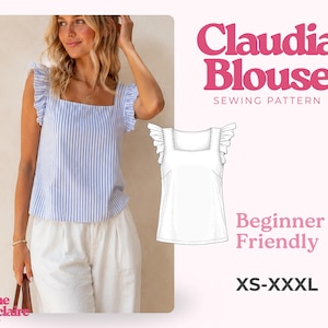 Puede incluir: Un patrón de costura para la blusa Claudia, que presenta una parte superior sin mangas con escote cuadrado y detalles de volantes en los hombros. El diseño incluye una tela a rayas verticales azules y blancas, un dibujo técnico de líneas y el texto: Claudia Blouse Sewing Pattern, Beginner Friendly, XS-XXXL, Pauline Montclaire Sewing Patterns.