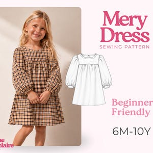 Puede incluir: Un patrón de costura para el Mery Dress, que presenta un vestido de manga larga con corpiño fruncido y diseño de tela a cuadros. El gráfico incluye el texto Mery Dress Sewing Pattern, Beginner Friendly, 6M-10Y y Pauline Montclaire Sewing Patterns.