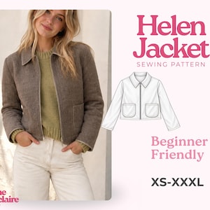 Könnte beinhalten: Ein Schnittmuster für die Helen Jacke, bestehend aus einer braunen Reißverschlussjacke mit Kragen und zwei Vordertaschen. Das Bild enthält eine technische Strichzeichnung der Jacke, den Text Helen Jacket Sewing Pattern, Beginner Friendly und XS-XXXL.
