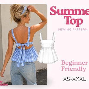 Puede incluir: Un top de estampado de cuadros vichy azul y blanco con tirantes anchos y cierre de lazo en la espalda. La imagen incluye un dibujo técnico del top y el texto Summer Top SEWING PATTERN, Beginner Friendly y XS-XXXL.