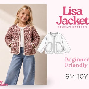 May include: A Lisa Jacket sewing pattern by Pauline Montclaire for sizes 6M-10Y. The image shows a quilted jacket with a red and white floral pattern, long sleeves, a round neckline, and two front pockets, alongside a white line drawing sketch.