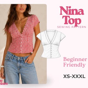 Puede incluir: Un top de cuadros vichy rojo y blanco con escote en V festoneado, mangas cortas y cierre de botones frontal. La imagen incluye un dibujo técnico del patrón de costura Nina Top, etiquetado como Beginner Friendly y tallas XS-XXXL.