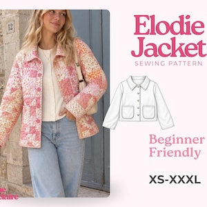 Könnte beinhalten: Eine gesteppte Jacke mit einem floralen Patchwork-Muster in Rosa, Orange und Weiß, mit Kragen, Knopfleiste und zwei aufgesetzten Taschen. Das Bild enthält den Text Elodie Jacket Sewing Pattern, Beginner Friendly und XS-XXXL.