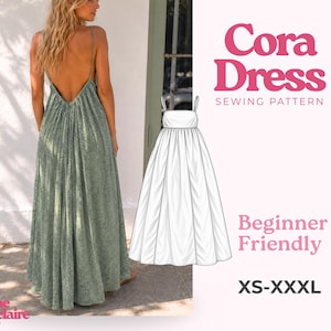 Puede incluir: Un vestido largo de color verde salvia con tirantes finos y espalda descubierta, mostrado junto a un dibujo lineal blanco de la prenda. El texto dice Cora Dress Sewing Pattern, Beginner Friendly y XS-XXXL, con Pauline Montelaire en la parte inferior.