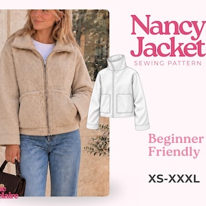 May include: A beige textured fleece jacket with a high collar, front zip, and two patch pockets. The image includes a white line drawing of the jacket, the text Nancy Jacket Sewing Pattern, Beginner Friendly, and the size range XS-XXXL.
