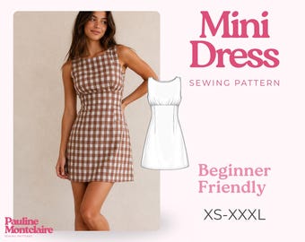 Peut inclure: Un patron de couture pour mini-robe à carreaux marron et blanc de Pauline Montclaire. Le modèle présente un corsage sans manches avec une encolure haute et une taille ajustée. Le texte indique Mini Dress Sewing Pattern, Beginner Friendly, XS-XXXL.