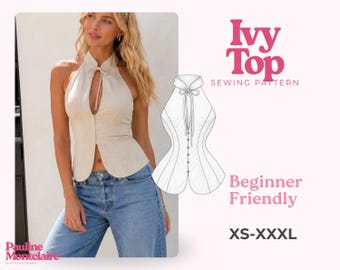 Puede incluir: Un top beige sin mangas con cuello alto, cierre de lazo frontal y botones. La imagen incluye un dibujo técnico de la prenda, el texto Ivy Top Sewing Pattern, Beginner Friendly, XS-XXXL y el nombre de marca Pauline Montclaire.