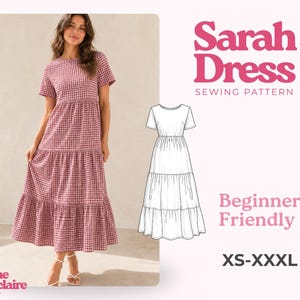 Puede incluir: Un vestido midi escalonado con estampado de cuadros vichy rojo y blanco, mangas cortas y cuello redondo. La imagen incluye un dibujo técnico del vestido, el texto Sarah Dress SEWING PATTERN, Beginner Friendly y las tallas XS-XXXL.