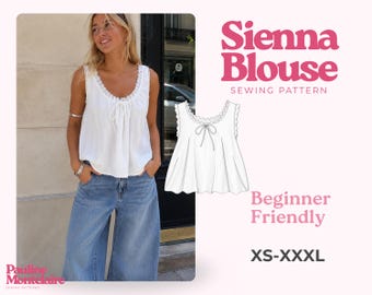 May include: A white sleeveless blouse with a ruffled neckline and a tie-front closure. The image includes a technical line drawing of the garment, the text Sienna Blouse Sewing Pattern, Beginner Friendly, and the size range XS-XXXL.