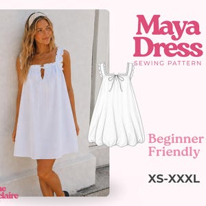 May include: A white sleeveless dress with a square neckline, ruffled shoulder straps, and a front tie closure. The image includes a technical line drawing of the dress, the text Maya Dress Sewing Pattern, Beginner Friendly, and XS-XXXL.