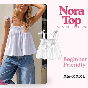 Puede incluir: Una blusa blanca sin mangas con cuerpo fruncido y tirantes para anudar, mostrada en un modelo y como dibujo técnico. El texto dice Nora Top Sewing Pattern, Beginner Friendly, XS-XXXL y Pauline Montclaire Sewing Patterns.