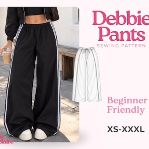 Puede incluir: Pantalones negros de pierna ancha con dos rayas verticales blancas en cada lado. La imagen incluye un dibujo lineal blanco de los pantalones con cintura de cordón y el texto Debbie Pants Sewing Pattern, Beginner Friendly, XS-XXXL, Pauline Montclaire.