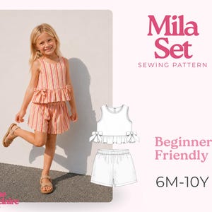 Puede incluir: El patrón de costura Mila Set incluye una blusa sin mangas con lazos laterales y dobladillo con volantes, junto con pantalones cortos a juego. El diseño presenta un dibujo técnico de la prenda con el texto Mila Set, Sewing Pattern, Beginner Friendly, 6M-10Y.