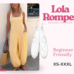 Peut inclure: Une combinaison à carreaux vichy jaune et blanc avec des jambes larges, des poches latérales et des bretelles à boutons. L'image inclut un dessin technique du vêtement, le texte Lola Romper Sewing Pattern, Beginner Friendly et XS-XXXL.