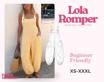 Puede incluir: Un romper de cuadros vichy amarillo y blanco con piernas anchas, bolsillos laterales y tirantes con botones. La imagen incluye un dibujo técnico de la prenda, el texto Lola Romper Sewing Pattern, Beginner Friendly y XS-XXXL.