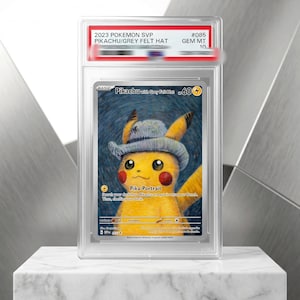 May include: A graded 2023 Pokemon SVP Pikachu with Grey Felt Hat trading card, labeled GEM MT 10. The card features a yellow Pikachu wearing a grey felt hat against a blue swirling background, with the text Pika-Portrait and 60 HP visible.