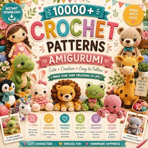 10 000+ Amigurumi-virkmönster i PDF-format | Virkpaket med söta djur | Mönster för plysch | Virkad docknyckelring | Direktnedladdning