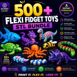 Peut inclure: Un lot numérique de plus de 500 jouets fidget flexibles au format STL pour impression 3D. L'image présente diverses figurines articulées en plastique, dont un requin bleu, un dragon violet, une tortue verte, une pieuvre orange et une abeille.