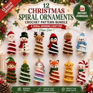 May include: A digital bundle of 12 Christmas spiral ornament crochet patterns featuring characters like Santa, a snowman, reindeer, penguin, gingerbread person, polar bear, elf, tree, unicorn, fox, star, and a candy cane elf, all with gold bells.