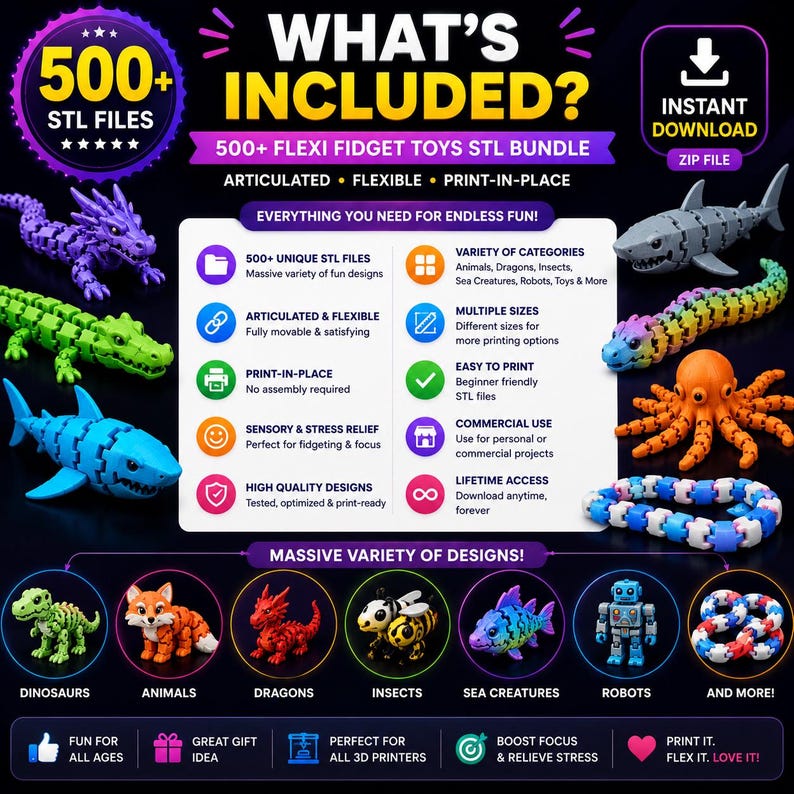 500+ Flexi Fidget Toys STL-paket | Ledade 3D-utskriftsleksaker | Sensoriska modeller | Skriv ut på plats STL-filer | 3D-utskrift | Direktnedladdning bild 9