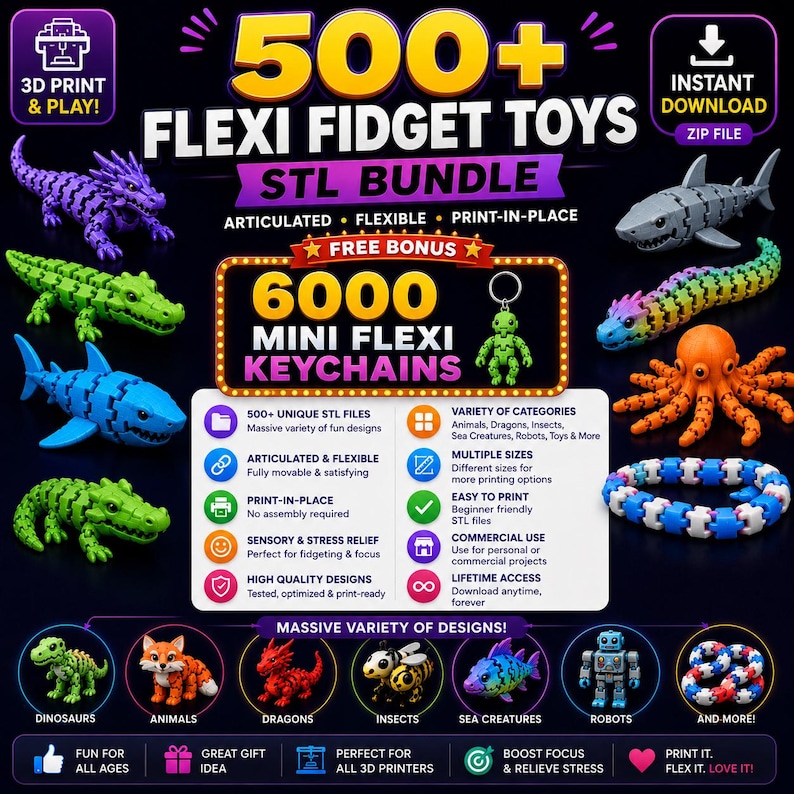 500+ Flexi Fidget Toys STL-paket | Ledade 3D-utskriftsleksaker | Sensoriska modeller | Skriv ut på plats STL-filer | 3D-utskrift | Direktnedladdning bild 2
